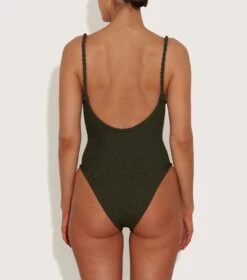 Hunza G: Camille One Piece With Braided Straps - Metallic Khaki -Azaleas Nyc Store CAMILLE SWIM METALLIC KHAKI BC