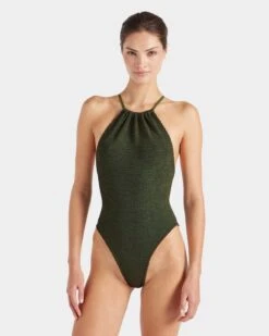 Hunza G: Portia High Neck One Piece - Metallic Khaki -Azaleas Nyc Store Portia Swim Metallic Khaki 2 NR