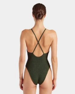 Hunza G: Portia High Neck One Piece - Metallic Khaki -Azaleas Nyc Store Portia Swim Metallic Khaki 3 NR
